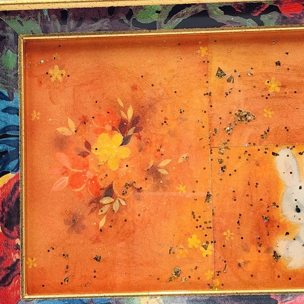 Vintage 1980s Colorful Floral Frame Gold Trim with Vintage Bunny Floral Ephemera